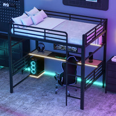 Full Size Loft Bed Frame With Storage Shelf And LED Light - Black