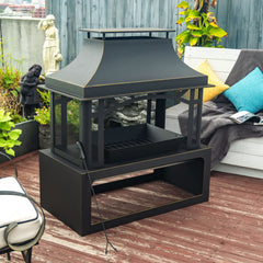 40" Wood Burning Fireplace, 50000 Btu Steel Fire Pit, Wood Burning Chimney For Outside Patio Deck Garden Backyard - Black