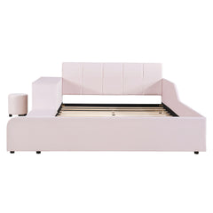 Upholstered Grounded Bed, With Bedside Desk And Little Round Stool