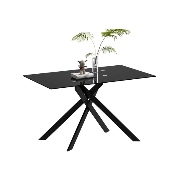 Rectangular Black Tempered Glass Dining Table, Stylish Design With Chrome Plated Metal Legs, Dining Table For Dining Room - Black