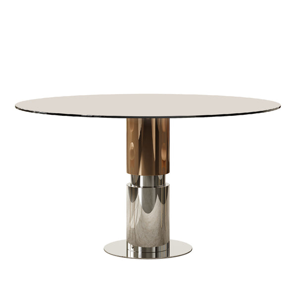 Round Glass Dining Table With Stainless Steel Legs And Chairs