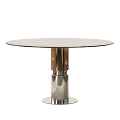 Round Glass Dining Table With Stainless Steel Legs And Chairs