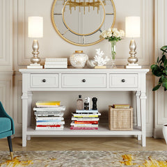 Classic Retro Style Console Table With 3 Top Drawers And Open Style Bottom Shelf - Antique White