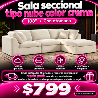 48-SALA-PIGA-0002 Sala seccional tipo nube color crema 108" con otomana