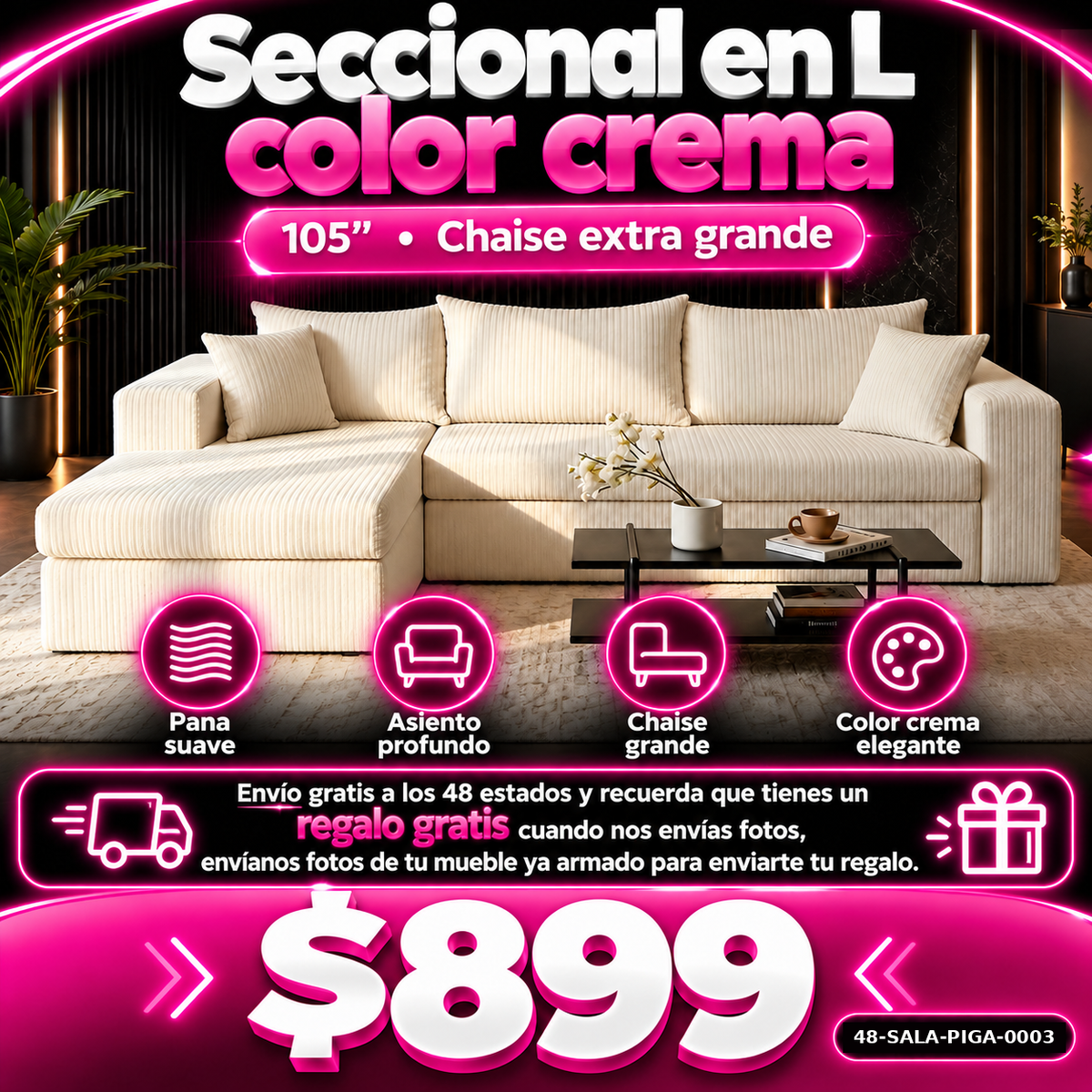 48-SALA-PIGA-0003 Seccional en L color crema 105" chaise extra grande