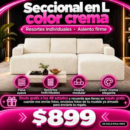 48-SALA-PIGA-0004 Seccional en L color crema resortes individuales asiento firme