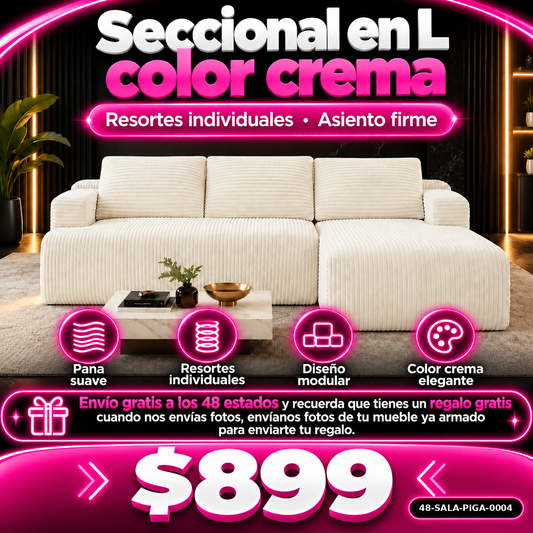 48-SALA-PIGA-0004 Seccional en L color crema resortes individuales asiento firme