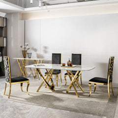 Marble Pattern Dining Table With Stainless Steel Base, Rectangular, Seats 6 Or 8 - Gold