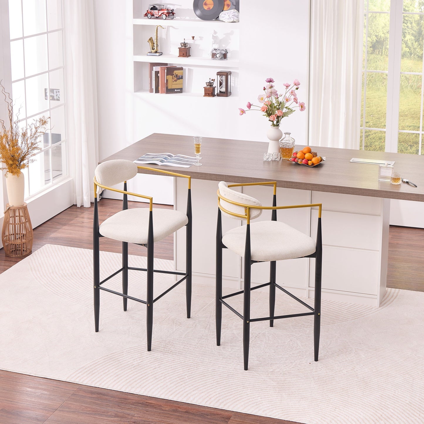 Upholstered Bar Stool With Accented Armrests For Kitchen Island (Set of 2) - Beige