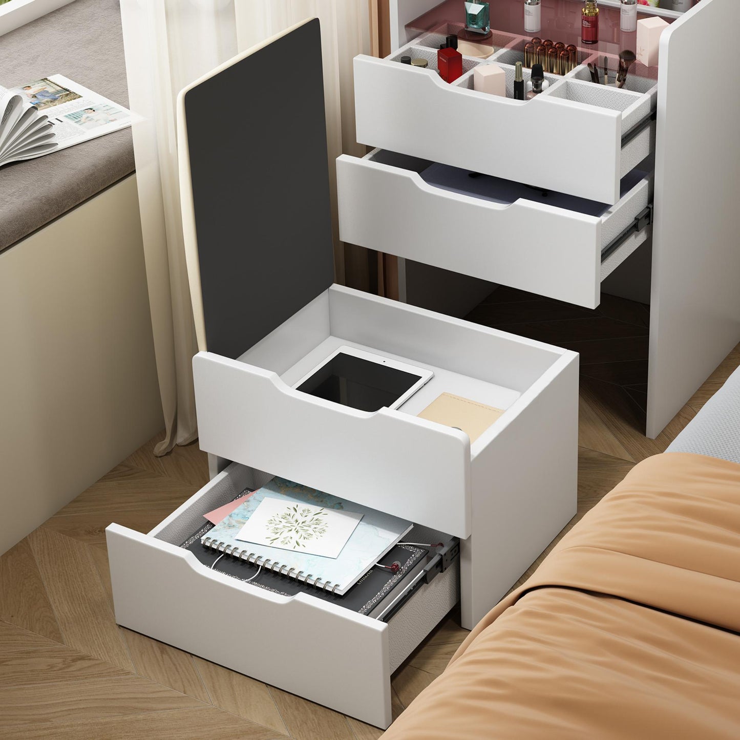 3 In 1 Vanity Desk With Flip Top Mirror, Compact Makeup Table With Glass Top And 3 Drawers