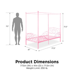 Twin Canopy Bed With Heart Scroll Design And Finial Posts - Pink