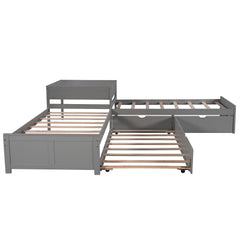 L Shaped Platform Bed With Trundle And Drawers Linked With Built In Desk