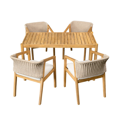 Outdoor Dining Set 1 Table 4 Chairs (Set of 5) - Teak / Beige