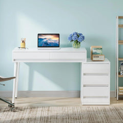 Glossy Desk With 5 Drawers & Printer Stand, Reversible Home Office Computer And Vanity Table For Small Spaces - White