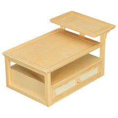 Coffee Table With 1 Storage Shelf, 2 Tabletops And 1 Rattan Drawer
