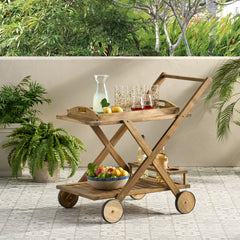Riviera Bar Cart Stained Mobile With Wheels For Entertaining - Natural Stained
