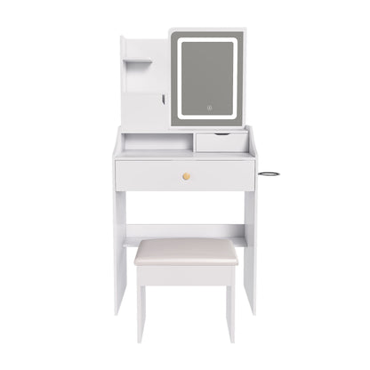 3 Color LED Vanity Mirror With Stool, 2 Drawers & 5 Storage Cabinets, Adjustable Lighting - White