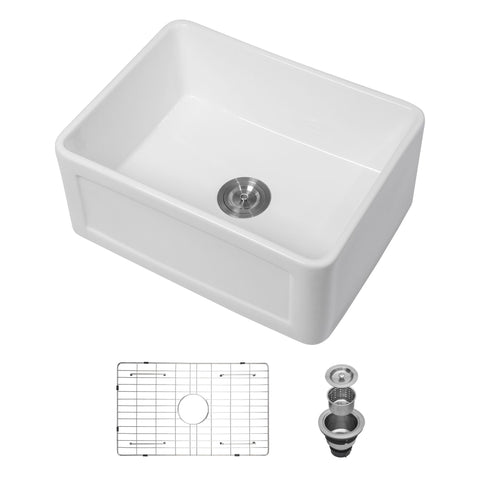 Elegant Farmhouse Style Small Apron Front Ceramic Kitchen Sink 24" Single Bowl Reversible Design - White