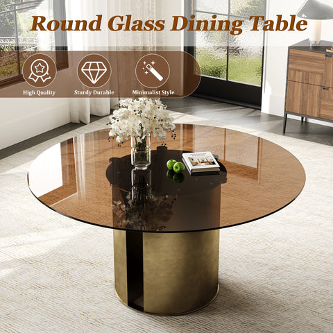 Round Dining Table With Glass Top, Kitchen And Living Room Furniture - Brown