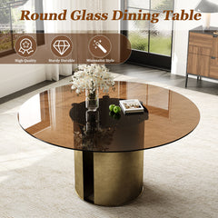 Round Dining Table With Glass Top, Kitchen And Living Room Furniture - Brown