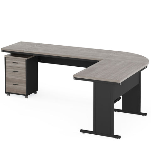 L-Shaped Executive Desk With Reversible Design, 3 Drawer Mobile File Cabinet For Home Office Workstation - Gray / Black