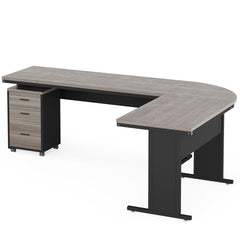 L-Shaped Executive Desk With Reversible Design, 3 Drawer Mobile File Cabinet For Home Office Workstation - Gray / Black