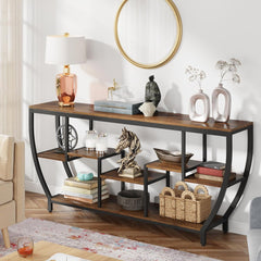 Extra Long Entryway Console Sofa Table With 7 Tier Shelves - Brown / Black