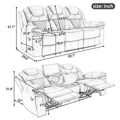 3 Pieces Recliner Sofa Sets Home Theater Seating Manual Recliner Chair & Center Console And LED Light Strip For Living Room - Brown