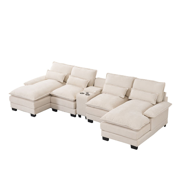U Shaped Sofa With Console, Cupholders, USB Ports, 6 Seat, Bronzing Suede & Chenille