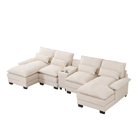 U Shaped Sofa With Console, Cupholders, USB Ports, 6 Seat, Bronzing Suede & Chenille