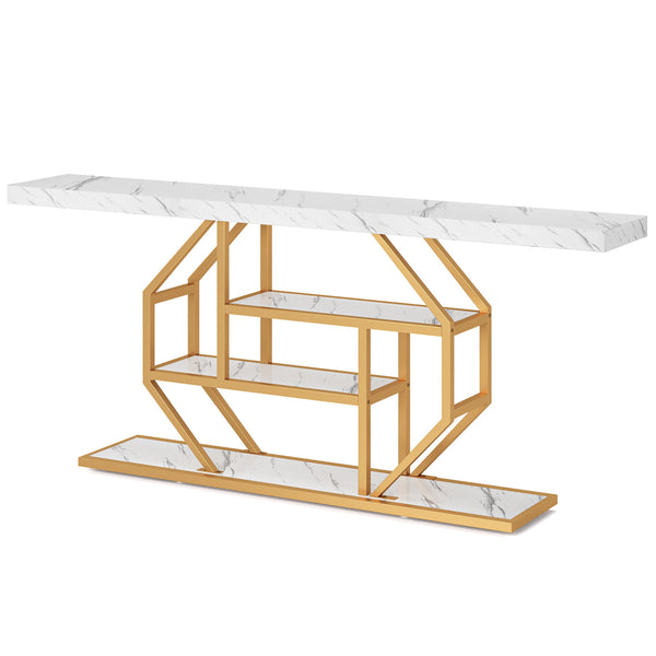 Extra Long Console Table With 4 Tier Storage For Living Hallway - White / Gold