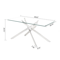 Rectangular Clear Tempered Glass Dining Table, Stylish Design With Metal Legs