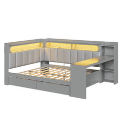 Daybed With Upholstered Headboard, Storage Shelves, Drawers, Charging Station, LED Light, And Adjustable Desk