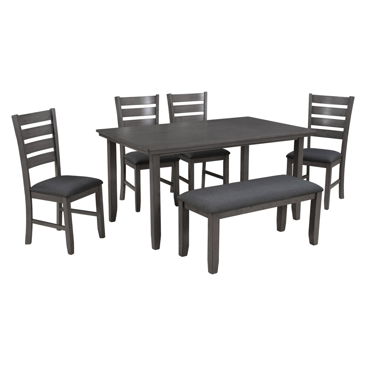 Dining Set For 6, Upholstered Chairs, Includes Table, 4 Chairs, And 2 Person Bench - Gray