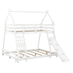 Twin Over Queen House Bunk Bed With Climbing Nets And Ramp - White