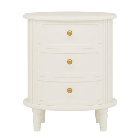 Oval Nightstand With 3 Drawers, Bedside Table - White