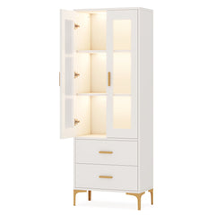 Bookcase With Doors, Drawers & RGB LED Light Tall Storage Cabinet For Living Room - White
