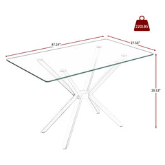 Rectangular Clear Tempered Glass Dining Table, Stylish Design With Plated Metal Legs