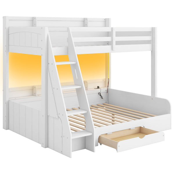 Bunk Bed With Storage Shelves, LED Lighting, Charging Station And Drawer