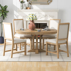 5 Piece Dining Set With Extendable Round Table And Upholstered Chairs