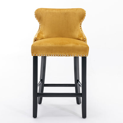 Contemporary Upholstered Wing-Back Barstools With Button Tufted Decoration And Wooden Legs, And Nailhead Trim, Leisure Style Bar Chairs, Bar Stools (Set of 2)