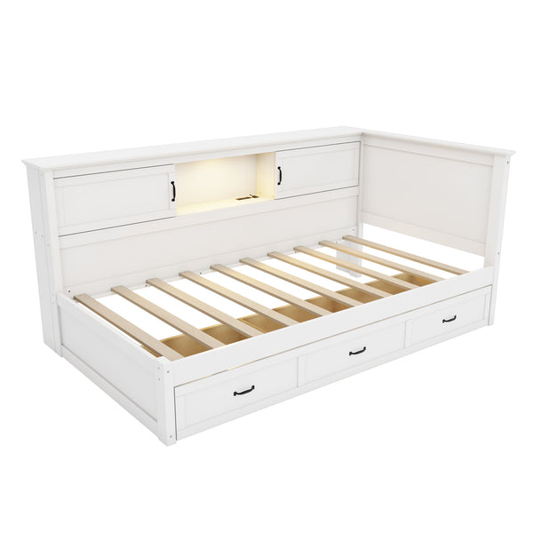L Shaped Bed Frame With Drawer And And Bookcase With LED Downlight And USB Port