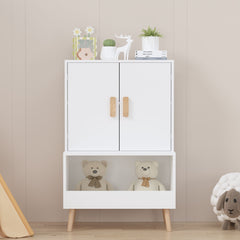 Toy Storage Cabinet With Doors And Open Shelf, Toddler Bookshelf For Playroom - White