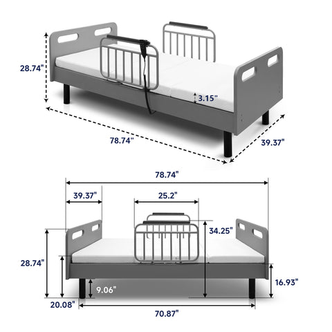 Electric Adjustable Hospital Bed For Home Use With Wired Remote Control, Memory Foam Mattress - Gray / White