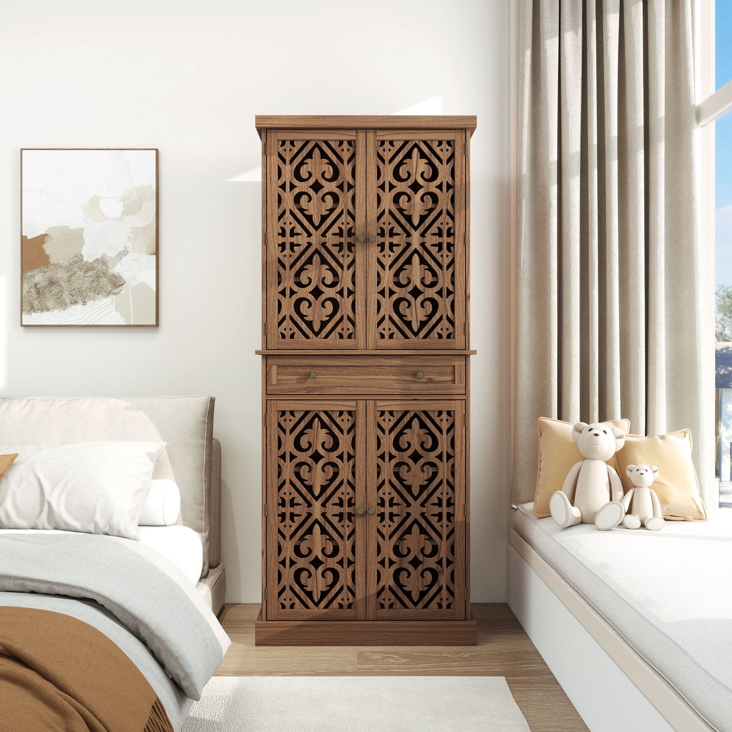 4 Door Cabinet With 1 Drawer, With 4 Adjustable Inner Shelves, Storage Cabinet