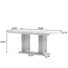 Marble Printed Top Rectangular Dining Table, Stainless Steel Base With Mirrored Finish