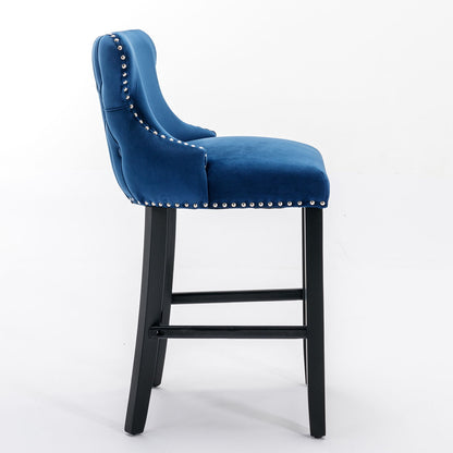 Contemporary Upholstered Wing-Back Barstools With Button Tufted Decoration And Wooden Legs, And Nailhead Trim, Leisure Style Bar Chairs, Bar Stools (Set of 2)