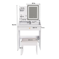 LED Vanity Mirror With Stool, 2 Drawers & 5 Storage Cabinets, Adjustable Lighting Mdf Dressing Table For Bedroom - White