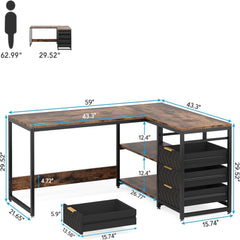 L-Shaped Computer Desk With Drawers And Shelves, Workstation For Home Office