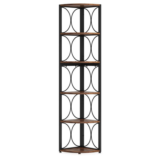 Tall 6 Tier Corner Bookshelf Storage Rack For Living Room - Rustic Brown